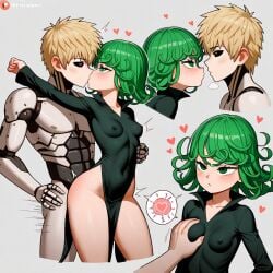 ai_generated couple cyborg genos green_hair older_female one_punch_man petite_female sensual small_breasts tatsumaki younger_male