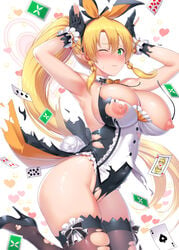 1girls :d absurdres animal_ears areolae armpits arms_up bangs blonde_hair blush braid breasts bunny_ears bunny_girl bunny_pose bunny_tail bunnysuit capelet card cleavage covered_navel curvy detached_collar embarrassed erect_nipples exposed exposed_nipples eyebrows_visible_through_hair fanbox_reward female female_only gloves green_eyes hair_ribbon heart high_heels highres huge_breasts jumping kawase_seiki knees_together_feet_apart leafa leotard lost_clothes neck_ribbon nipples one_eye_closed open_mouth paid_reward playing_card ribbon shiny shiny_skin sidelocks single_girl smile solo solo_female sparkle sword_art_online tail thighhighs thighs torn_capelet torn_clothes torn_legwear torn_leotard white_background