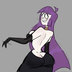 ass ass_focus back_turned back_view breasts clothing dress lila_(spooky_month) milf purple_hair spooky_month