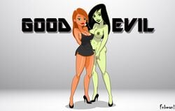 2girls aged_up arms_behind_head artist_name bare_shoulders big_breasts black_dress black_hair brown_nipples busty cleavage clothed_female_nude_female curvy detailed_background disney dress ear_piercing earrings english_text erect_nipple erect_nipples eyeliner eyeshadow female female_only fnbman front_view green_eyes green_lipstick green_nipples green_skin hairy_pussy hand_behind_back high_heels hourglass_figure human kim_possible kimberly_ann_possible lipstick long_hair looking_at_viewer makeup minidress multiple_females multiple_girls naked nipple_bulge nipples nude older open_mouth orange_hair piercing pose posing pubes pubic_hair pussy red_lipstick shadow shego shiny shiny_skin teenage text voluptuous wide_hips yuri