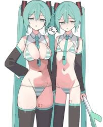 2girls big_breasts bikini blush breast_size_difference busty caststation collar half_naked hatsune_miku hatsune_miku_(collared_bikini) pervert_female petite small_breasts source_request spring_onion striped_bikini vocaloid