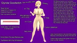 areolae balls big_cock big_penis blonde_female blonde_hair breasts discipline earings fair_skin futa_only futanari glynda_goodwitch green_eyes long_penis purple_background rwby text text_box theboobedone whip