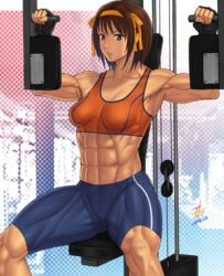 abs armpits breasts brown_eyes brown_hair deep_armpits ero-chong female female_only fingerless_gloves gloves gym hairband muscles muscular_female ribbon solo suzumiya_haruhi suzumiya_haruhi_no_yuuutsu