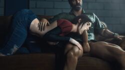 1boy 1girls 3d adult_on_young age_difference bent_over blowjob breasts brown_hair clothed couch curvy ellie_(the_last_of_us) ellie_williams fellatio female freckles jeans joel_miller large_ass large_breasts male mature_male older older_male oral pants penis plague_of_humanity_(artist) red_shirt ripped_clothing ripped_jeans ripped_pants shirt size_difference small_breasts smaller_female tattoo teenage_girl teenager the_last_of_us the_last_of_us_2 thighs torn_clothes torn_clothing torn_jeans young young_female young_girl young_woman younger_female