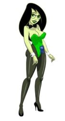 1girls areola_slip bare_shoulders big_breasts black_hair blue_ribbon bow bowtie bracelet brown_hair bunnysuit busty cleavage curvy disney erect_nipple erect_nipples eyeliner female female_only fnbman front_view glasses green_eyes green_lipstick green_skin high_heels hourglass_figure human kim_possible large_breasts leotard lipstick long_hair looking_at_viewer makeup nipple_bulge pantyhose ribbon shego shiny shiny_skin simple_background solo standing text voluptuous white_background wide_hips