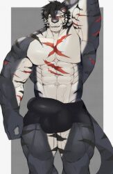 1boy abs absurdres animal_ears armpits bara bark_man1 biceps black_fur black_hair black_male_underwear blush bulge commentary_request covered_testicles cross_scar erection erection_under_clothes furry furry_male grin highres korean_commentary looking_at_viewer male_focus male_underwear multiple_scars muscular muscular_male navel pectorals penis scar scar_across_eye scar_on_arm scar_on_chest scar_on_face scar_on_nose sdorica smile tail tiger_boy tiger_ears tiger_stripes tiger_tail topless_male underwear veins veiny_arms veiny_legs yao_(sdorica)