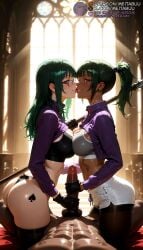 1boy 2girls abs ai_generated ass back balls black_gloves black_pantyhose black_thighhighs borrowed_character breast_press breasts brown_eyes censored clothed_female_nude_male clothes_lift cropped_jacket dark-skinned_female dark-skinned_male dark_skin erection ffm_threesome from_side glasses gloved_handjob gloves green_hair grin group_sex handjob holding holding_polearm holding_weapon indoors jacket jujutsu_kaisen large_breasts lips lipstick_mark long_hair long_sleeves looking_at_viewer lying male_pubic_hair meitabuu mole_under_mouth multiple_girls navel nude on_back panties pantyhose parted_lips penis polearm ponytail pov profile pubic_hair purple_eyes purple_jacket semi-rimless_eyewear shimaidon_(sex) short_shorts shorts shounen_jump shrug_(clothing) skindentation smile spade_(shape) sports_bra straight symmetrical_docking tail testicles thighhighs thong threesome uncensored under-rim_eyewear underwear weapon white_shorts window zenin_maki