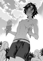 black_and_white black_hair blush blush blushing_female flat_chest ice_cream nervous nervous_sweat people_in_background public public_nudity public_topless short_hair swim_trunks tearing_up tears tears_in_eyes topless topless_female young_female yukataro