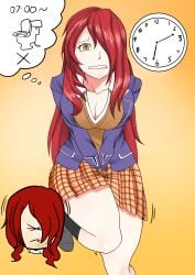 1girls biku breasts cleavage clenched_teeth clock female hair_over_one_eye hand_between_legs have_to_pee kobayashi_rindou large_breasts long_hair looking_at_viewer red_hair shokugeki_no_souma skirt solo solo_female solo_focus thighs