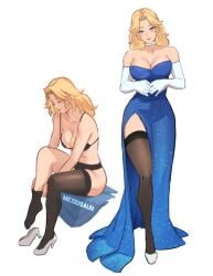 blonde_hair blue_dress blue_eyes cleavage cleavage_cutout fantastic_four marvel marvel_comics marvel_rivals meziosaur stockings sue_storm thighhighs thighs