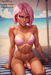 ai_generated balls beach bra breasts cock dick dickgirl freakfestai futa_only futanari looking_at_viewer naked penis pink_eyes pink_hair sea seaside seductive_look sitting solo solo_dickgirl solo_futa solo_futanari tan_body tan_skin umbrella