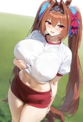 ai_generated animal_ears breasts buruma daiwa_scarlet_(umamusume) female hips horse_girl nipples_visible_through_clothing pussy red_eyes ribbon_in_hair tiara twintails umamusume umamusume_pretty_derby