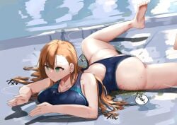 1girls ass ass_out barefoot cleavage close_rim_open comic empty_eyes expressionless female female_only hiyori_marubichi huge_breasts hypnosis indifferent leotard long_hair mind_control no_text_version orange_hair original peeing peeing_self peeing_through_clothing red_hair red_hair solo swimsuit textless urination