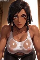 1girls ai_generated black_hair black_pants brown_eyes dark-skinned_female dark_skin facial_tattoo female female_only hair_tubes looking_at_viewer medium_breasts muscular muscular_female navel nipples_visible_through_clothing no_bra no_bra_under_clothes overwatch overwatch_2 patreon pharah salupai short_hair side_braid solo solo_female uncensored watermark white_topwear