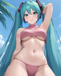 big_breasts half_naked hatsune_miku partially_clothed smile thick_thighs underboob