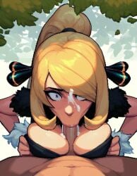 1boy 1girls ai_generated blowjob cleavage clothing cum cum_in_mouth cum_on_face cumshot cynthia_(pokemon) paizuri paizuri_under_clothes paralap pixel_art pokemon surprised surprised_expression