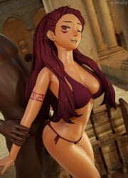 1boy 1girls 3d arm_tattoo ass big_ass braid breasts brown_eyes dark-skinned_female dark_skin dochaunt24 facial_tattoo female female_focus male medium_breasts petra_macneary ponytail post-timeskip purple_hair solo_focus tattoo thigh_sex