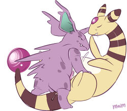 ampharos anal anal_sex balls big_ears closed_eyes cum cumshot duo ejaculation erection feral horn interspecies maim male nidorino nintendo orgasm penetration penis pokemon pokemon_(species) sex simple_background video_games white_background yaoi