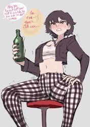 1girls biku black_nails blush breasts brown_eyes checkered checkered_clothes checkered_pants cleavage clenched_teeth earrings english_text have_to_pee holding_bottle navel necklace nora_(biku) original short_hair speech_bubble spread_legs sweat text