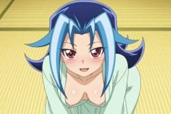 ai_generated areolae blue_hair blush crouching female k-kun kamishiro_rio kimono long_hair looking_at_viewer nipples no_bra open_mouth pose red_eyes rio_kamishiro seductive seductive_smile smile solo teenager teeth yu-gi-oh! yu-gi-oh!_zexal