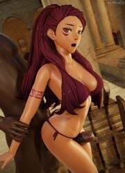 1boy 1girls 3d arm_tattoo ass big_ass braid breasts brown_eyes dark-skinned_female dark_skin dochaunt24 facial_tattoo female female_focus male medium_breasts petra_macneary ponytail post-timeskip purple_hair solo_focus tattoo thigh_sex