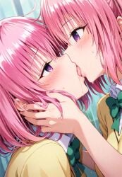 ai_generated blush clothing drooling face_grab french_kiss incest making_out momo_velia_deviluke nana_asta_deviluke pink_hair purple_eyes saliva sisters sweat to_love-ru tongue tongue_kiss twincest twins