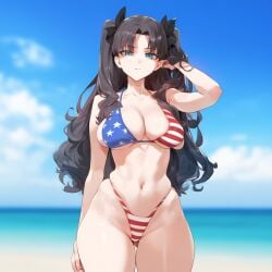 american_flag_bikini beach black_hair blue_eyes fate/stay_night fate_(series) japanese_female looking_at_viewer medium_breasts sky tohsaka_rin wide_hips