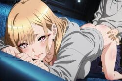 1boy ahe_gao ai_generated bare_thighs blonde_hair censored doggy_style doggy_style ear_piercing female frown gojou_wakana grey_hoodie gyaru hoodie kitagawa_marin koinaart leaning_forward long_sleeves makeup medium_breasts patreon perky_breasts red_eyes sono_bisque_doll_wa_koi_wo_suru stable_diffusion thick_thighs trembling