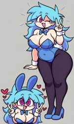 1female 1girl 1girls :3 :d ai_generated blue_bowtie blue_bunny_ears blue_bunnysuit blue_eyes blue_hair blue_heels blue_leotard blush_stickers bowtie bunny_ears bunnysuit busty chubby chubby_female clothed collar cufflink curvy excited excited_expression excited_face excited_female female friday_night_funkin friday_night_funkin_mod gray_background grey_background heart-shaped_pupils hearts hearts_around_head heels large_breasts leotard long_hair looking_at_viewer messy_hair pale pantyhose peace_sign pink_eyes pixai playboy_bunny playboy_bunnysuit purple_eyes simple_background skyblue skyblue_(friday_night_funkin) skyverse solo solo_female tall_female tall_girl tall_woman v_sign wink winking_at_viewer