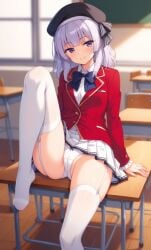 advanced_nurturing_high_school_uniform aifun bow_panties bowtie classroom_of_the_elite hat leggings one_leg_up purple_eyes sakayanagi_arisu school_uniform short_skirt sitting_on_desk smiling_at_viewer white_hair white_leggings white_panties white_skirt