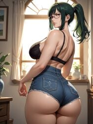 1girls ai ai_assisted ai_generated angry ass ass_focus belt big_breasts black_bra commission conniexx denim_shorts evil_grin fat_ass green_hair jujutsu_kaisen large_ass large_breasts looking_back mature mature_female milf pony_diffusion_xl ponytail round_ass slim_waist stable_diffusion sunlight thick_thighs thighs warm_colors wide_hips zenin_maki