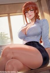 ai_generated amiral_ai black_skirt braided_hair chainsaw_man gold_eyes huge_breasts long_hair looking_at_viewer makima_(chainsaw_man) office office_lady pink_lips red_hair sitting smiling smirk thick_thighs white_shirt wide_hips wide_thighs