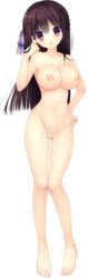 barefoot black_hair breasts censored eyebrows_visible_through_hair female full_body hair_ribbon haruoto_alice_gram highres large_breasts long_hair looking_at_viewer mosaic_censoring navel nipples nude official_art open_mouth pink_eyes pussy ribbon rindou_yaya solo takanae_kyourin