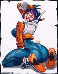 1girls ass ass_focus astronaut_helmet big_ass blue_bodysuit bodysuit clothed clothed_female juno_(overwatch) large_ass looking_at_viewer looking_back looking_back_at_viewer magaska19 overwatch purple_hair seductive seductive_look seductive_pose seductive_smile short_hair solo solo_female solo_focus thick_thighs v_sign white_background winking winking_at_viewer
