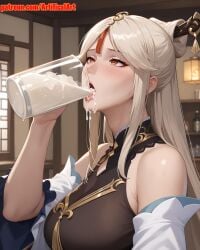 1girls ai_generated artifical_art big_breasts blush dripping dripping_cum dripping_semen female genshin_impact hair_ornament hairpin long_hair mature_female ningguang_(genshin_impact) open_mouth perfect_body red_eyes semen_in_mouth semen_on_tongue tongue_out white_hair