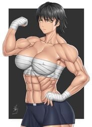 abs black_hair breasts ero-chong extreme_muscles female female_only looking_at_viewer muscles muscular_female navel shorts solo yellow_eyes