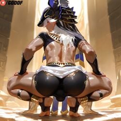 1boy 1femboy ai_generated ass big_ass big_butt boy butt cyno_(genshin_impact) dark-skinned_femboy dark_skin day femboy gay genshin_impact girly godof indoors long_hair looking_at_viewer looking_back male male_focus patreon red_eyes solo solo_male squatting tight_clothing trap white_hair yaoi