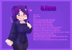 1girls 3d character_profile character_sheet clothed_female drispysik hair_ornament liza_(drispysik) looking_at_viewer mine-imator minecraft purple_eyes purple_hair smile solo solo_female tagme