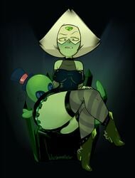 1girls black_background blonde_hair blushmallet bottom_heavy breasts chair cleavage disgusted dominance dominatrix dominatrix_chair dress female female_only goth gothified green_eyes green_skin looking_at_viewer looking_down looking_down_at_viewer peridot_(steven_universe) perky sitting skintight smug solo steven_universe thick_thighs thighhighs thong thong_leotard throne visor