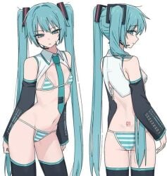 1girls bikini blue_hair blush caststation collar hatsune_miku hatsune_miku_(collared_bikini) small_breasts small_butt source_request striped_bikini sweat tie vocaloid