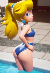 ai_generated ass bikini blonde_hair blue_earrings blue_eyes blue_swimsuit female lips looking_at_viewer nintendo ponytail princess_peach sidelocks smile tpgg_(ai_generator)