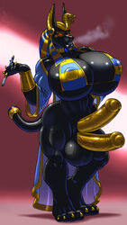 anthro anubian_jackal anubis balls big_balls big_breasts black_fur breasts canine cigarette cigarette_holder clothing clubstripes deity digital_media_(artwork) diphallia diphallism duo egyptian erection eyewear fur futanari gideon glasses golden_penis herm huge_balls huge_breasts huge_cock humanoid_penis hyper hyper_breasts intersex jackal large_penis mammal multi_penis nipples penis smoke smoking standing voluptuous wide_hips