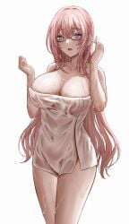 1girls alternate_version_available big_breasts blush breasts cleavage ear_piercing earrings eyewear female female_only glasses hair huge_breasts long_hair pink_hair purple_eyes selcky solo solo_female thighs towel towel_only tsukishiro_yanagi wet wet_body zenless_zone_zero