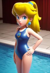 ai_generated blonde_hair blue_earrings blue_eyes blue_swimsuit female lips looking_at_viewer nintendo one-piece_swimsuit ponytail princess_peach sidelocks smile tpgg_(ai_generator)