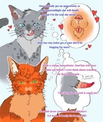 animal_genitalia animal_penis animal_pussy anus ashfur_(thunderclan) domestic_cat english_text felid feline feline_genitalia feline_penis feline_pussy felis female feral fur genitals grey_body grey_fur hi_res male mammal orange_body orange_fur penis pussy solo squirrelstar_(warriors) text warriors_(book_series) wolfboyyyyy