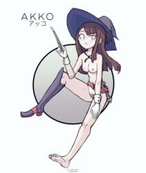 akko_kagari breasts brown_hair cuff_links female gloves kt-draws little_witch_academia looking_at_viewer mostly_nude pubic_hair purple_eyes pussy straight_hair tactical_nudity wand witch_hat