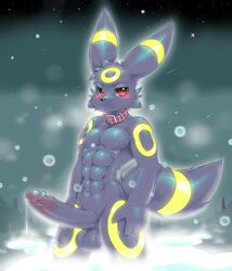 2017 abs anthro balls big_penis black_balls black_fur black_nose blush collar eeveelution erection fur glans glossy_glans keron looking_at_viewer male male_only muscular muscular_male nintendo nude pecs penis pokemon precum pvt._keron red_eyes simple_background standing umbreon video_games yellow_fur