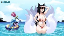 ahri armpit_fetish armpits arms_up ass_visible_through_thighs barely_contained_breasts beach belly big_breasts bikini black_hair breasts breasts_bigger_than_head color commission cutehornart detailed_background fox_ears fox_girl fox_tail hi_res in_water league_of_legends light_skin long_hair lulu_the_fae_sorceress navel nine_tailed_fox outdoors pool_float pool_party_lulu pool_party_series pool_toy purple_skin skindentation small_bikini staff standing stomach thigh_gap tight_clothing trefoil water whisker_markings white_tail yellow_eyes