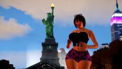 1girls 3d 3d_(artwork) actress alternate_universe artist_request bare_shoulders bbw belly brown-haired_female brown_hair collarbone female_focus female_only grand_theft_auto grand_theft_auto_iv grand_theft_auto_v mature_female mature_woman navel necklace poppy_mitchell short-haired_female shorts statue_of_liberty sunglasses_on_head wristwatch
