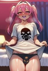 ai_generated bulge bulge_through_clothing bulge_under_clothes cocky69 femboy hi_res oc panties pink_eyes pink_hair purple_lips shirt skinny